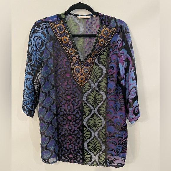 Soft Surroundings Viscota Embroidered Jeweled Tunic Top Petite M Made in India - Picture 1 of 5